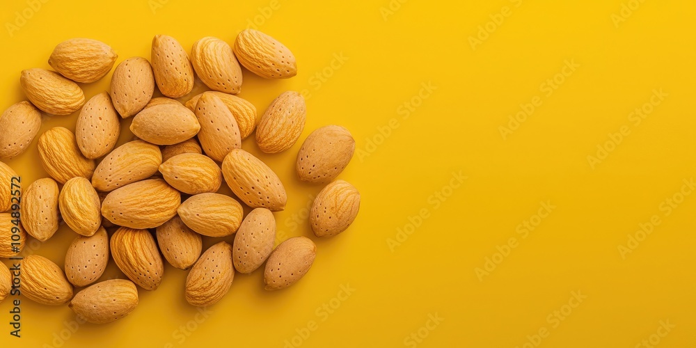 A close-up view of scattered almonds against a vibrant yellow background, highlighting their texture and natural color. A close-up view of scattered almonds against a vibrant yellow background, highlighting their texture and natural color.