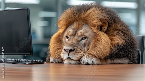 Wallpaper Mural The fat lion, with its mane overflowing onto the office table, sits heavily in front of the computer screen, a look of boredom evident in its lazy gaze Torontodigital.ca