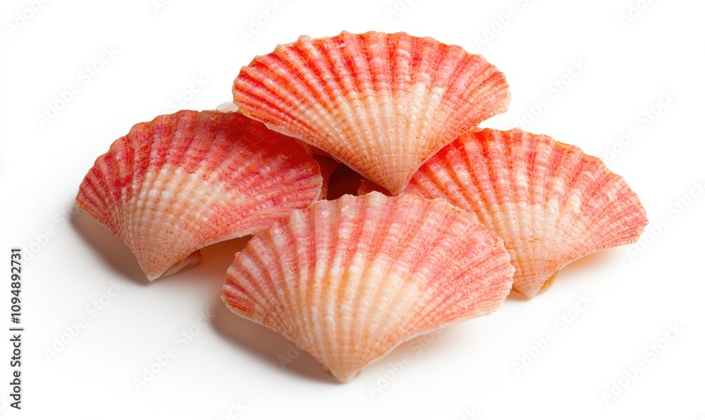 A collection of vibrant red and white scallop shells arranged beautifully, perfect for culinary, marine, or decorative themes. A collection of vibrant red and white scallop shells arranged beautifully, perfect for culinary, marine, or decorative themes.