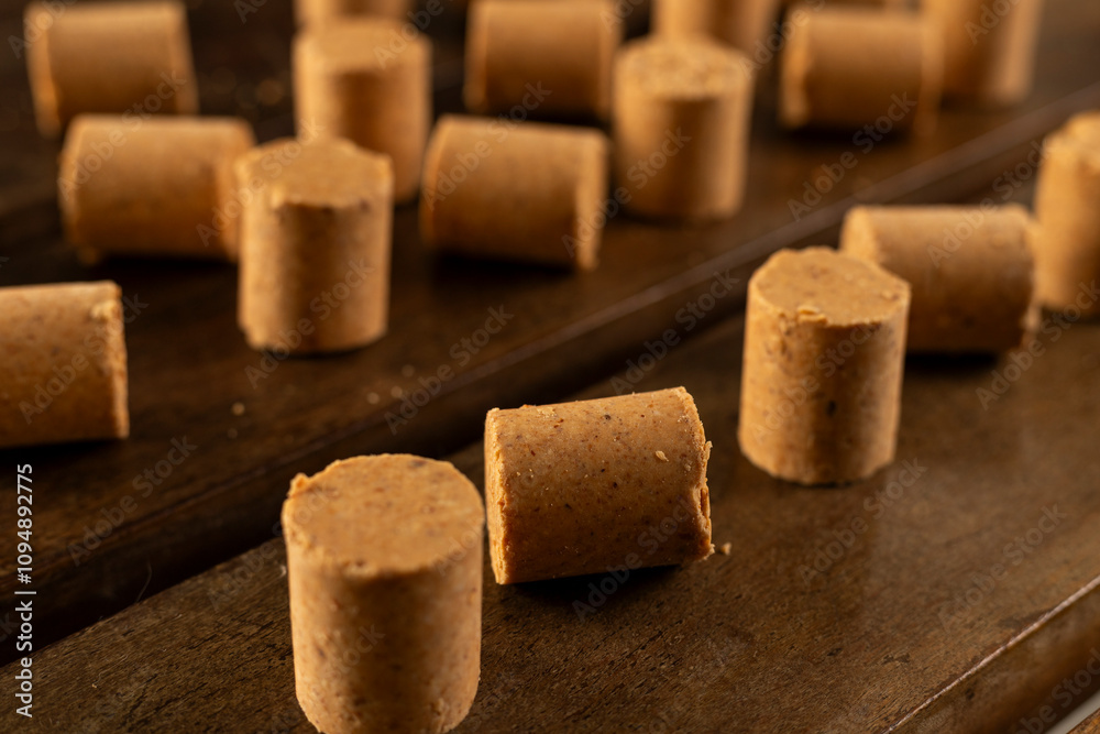 Fototapeta premium Sweet Brazilian Peanut Called Paçoca on a wooden desk