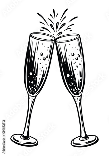 Festive glasses of champagne with splashes vector. Engraving style vector illustration, black and white