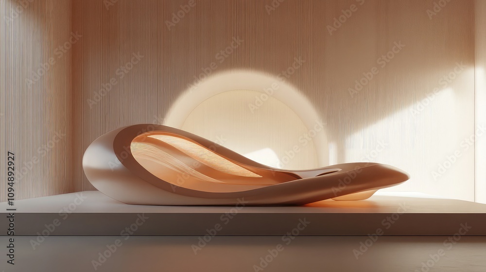 Modern Abstract Sculpture in Soft Earth Tones with Elegant Curves and Warm Ambient Lighting in Minimalist Interior Space Modern Abstract Sculpture in Soft Earth Tones with Elegant Curves and Warm Ambient Lighting in Minimalist Interior Space