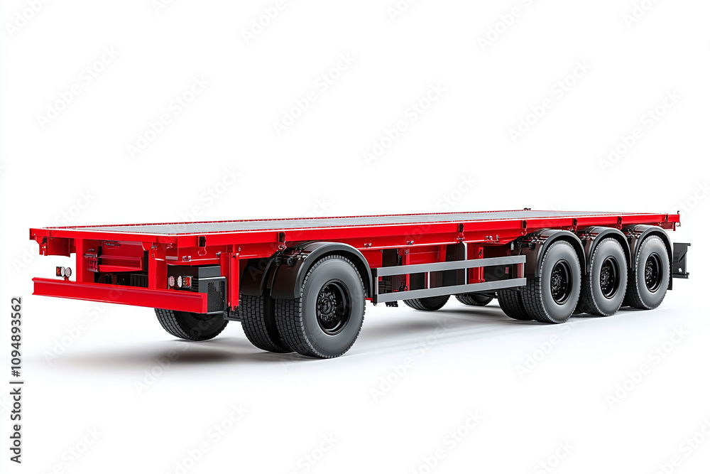 A modern cargo transport trailer, angled perspective, white background. A modern cargo transport trailer, angled perspective, white background.