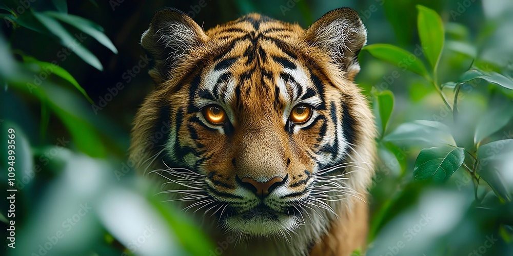 A majestic tiger emerges from the lush jungle foliage, its piercing eyes capturing the essence of the wild and untamed nature. A majestic tiger emerges from the lush jungle foliage, its piercing eyes capturing the essence of the wild and untamed nature.