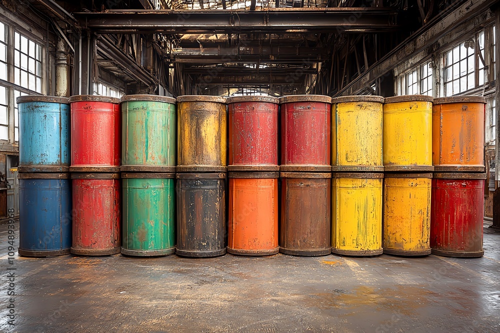 Colorful metal barrels lined up in an industrial warehouse setting, showcasing vibrant hues in a rustic environment. Colorful metal barrels lined up in an industrial warehouse setting, showcasing vibrant hues in a rustic environment.