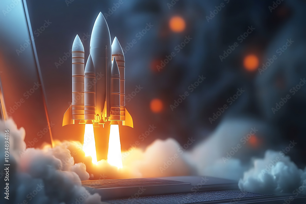 Obraz premium A 3D rendering of a rocket taking off, emerging dynamically from a laptop screen, symbolizing innovation, technology, and limitless possibilities in the digital age.