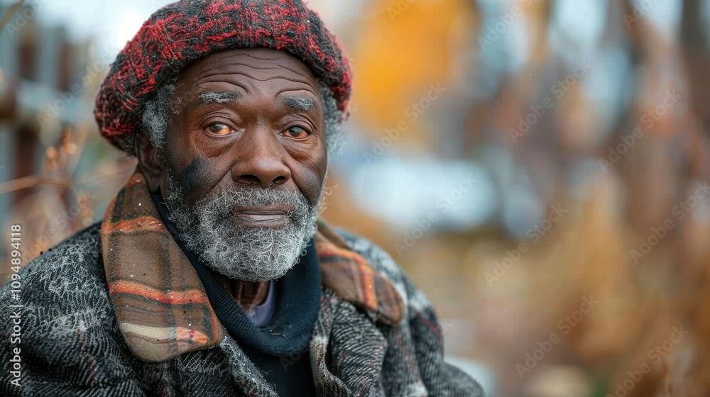 Elderly man in a cozy knit hat gazes thoughtfully amidst autumn foliage in a serene park setting. Generative AI Elderly man in a cozy knit hat gazes thoughtfully amidst autumn foliage in a serene park setting. Generative AI