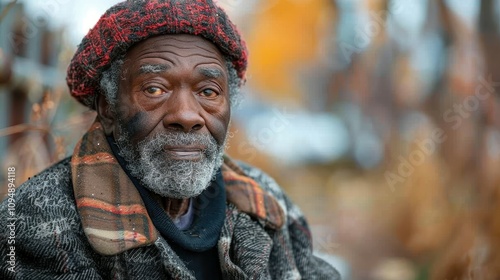 Elderly man in a cozy knit hat gazes thoughtfully amidst autumn foliage in a serene park setting. Generative AI