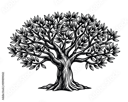 Olive tree with olives on branches. Hand drawn vector illustration in vintage engraving style