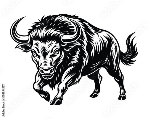 Silhouette of a bull charging with head. Engraving style vector illustration, black and white