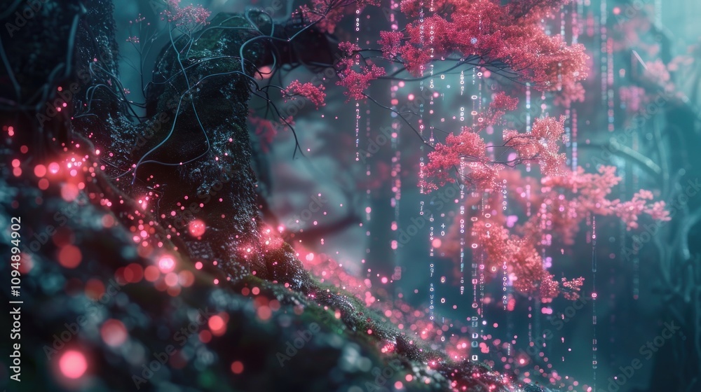 Fototapeta premium A serene forest scene with glowing pink foliage and ethereal light effects.