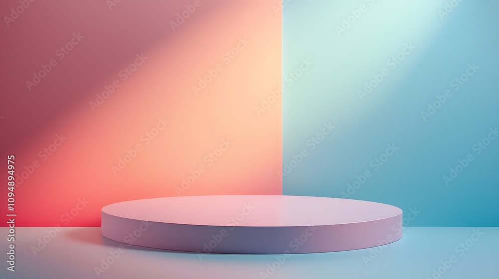 Fototapeta premium Contemporary cylindrical stand on gradient backdrop. Abstract product podium featuring shades of pink, blue and coral for stylish and modern presentations