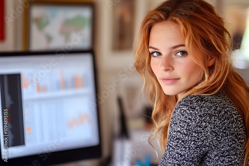 Free Download Woman working in office with computer displaying graphs, focusing on data analysis and professional productivity. - GFXLoad