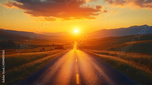 Scenic mountain road curves through rolling hills at sunset, golden sky and dramatic clouds create cinematic landscape with perfect perspective.