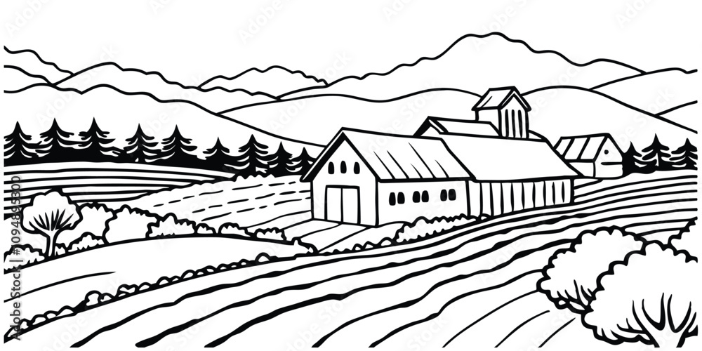 Fototapeta premium Rural sketch panoramic landscape with farm house and trees, vector sketch illustration on white background