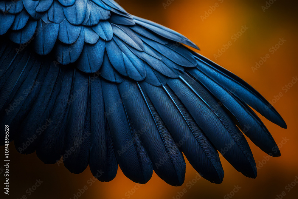 Obraz premium Close-Up View of Majestic Blue Bird Wing Feathers Showcasing Intricate Textures and Vibrant Colors Against a Warm Blurred Background