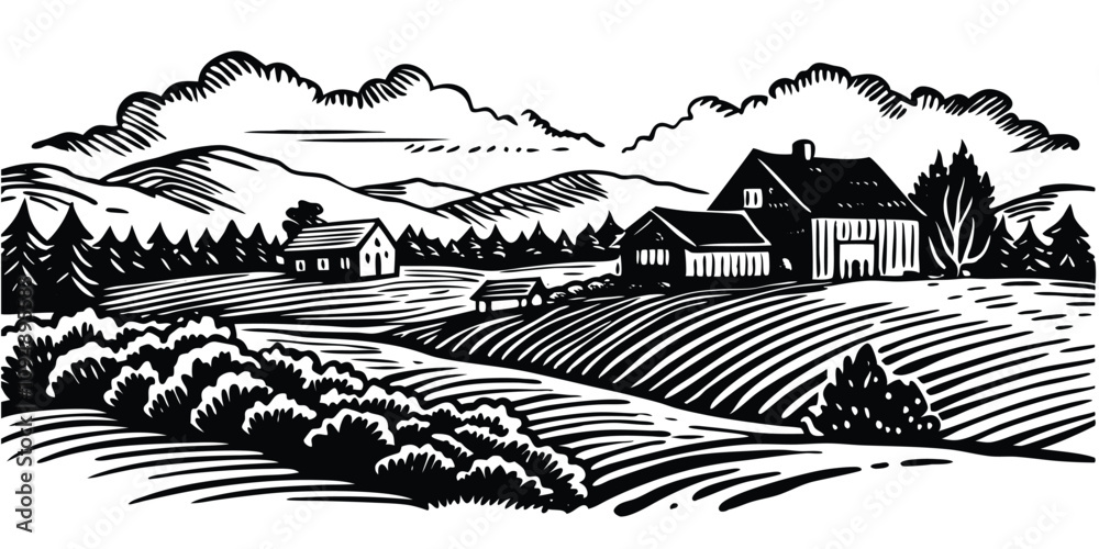 Fototapeta premium Rural sketch panoramic landscape with farm house and trees, vector sketch illustration on white background