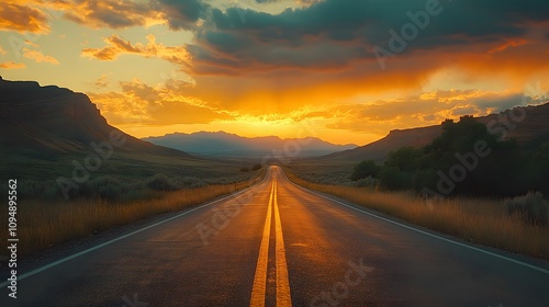 Scenic mountain road curves through rolling hills at sunset, golden sky and dramatic clouds create cinematic landscape with perfect perspective.