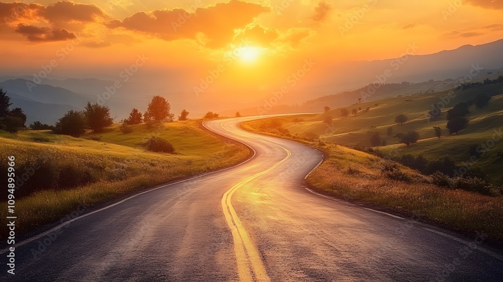 Scenic mountain road curves through rolling hills at sunset, golden sky and dramatic clouds create cinematic landscape with perfect perspective. Scenic mountain road curves through rolling hills at sunset, golden sky and dramatic clouds create cinematic landscape with perfect perspective.