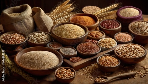 whole grains showcasing essential micronutrients, with a textured backdrop  photo