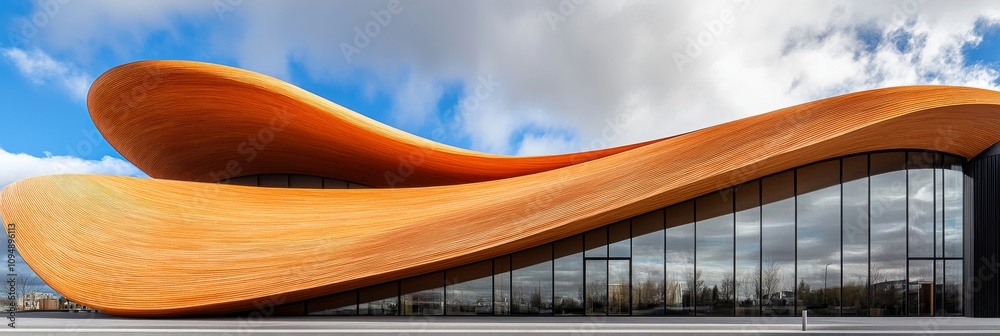 Close-up of curved facade with orange wood strips and glass panels Close-up of curved facade with orange wood strips and glass panels