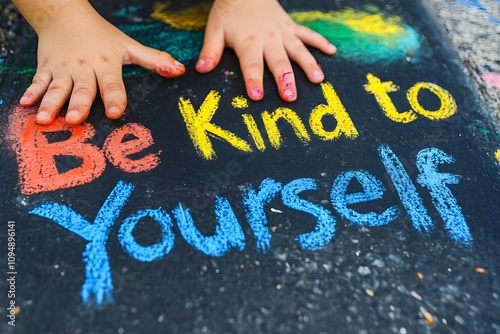 Colorful chalk drawing promoting mental health awareness with the message Be Kind to Yourself on pavement