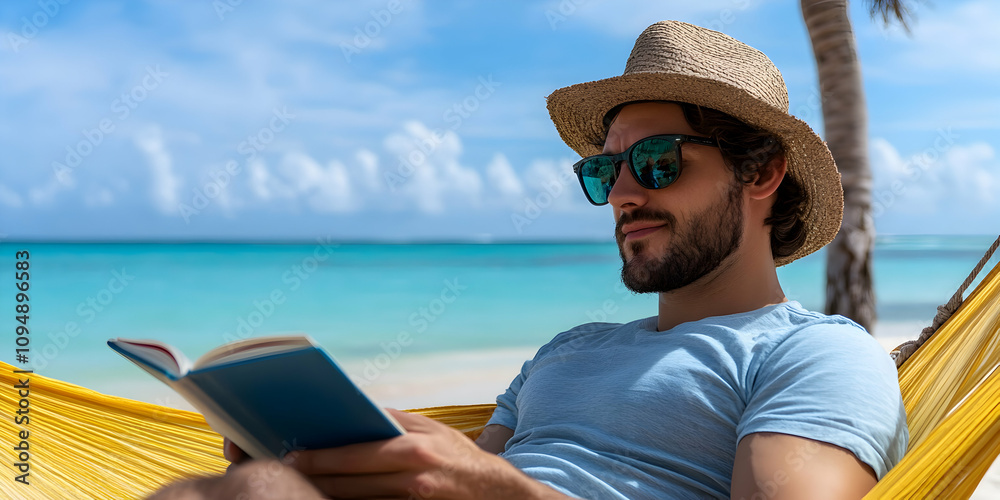 Fototapeta premium Man journaling about his goals while relaxing on a beach hammock during a sunny day near the ocean's shore
