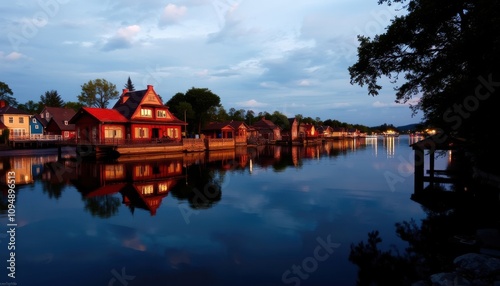 houses on the water in a small town at dusk