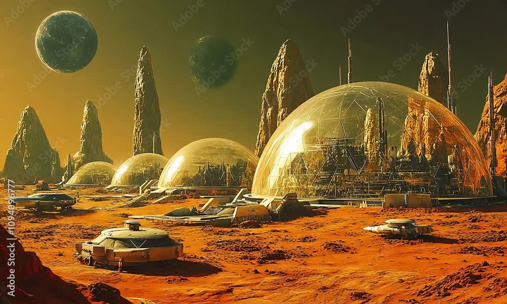 A space colony with many domes and a large planet in the background. The domes are gold and the planet is orange