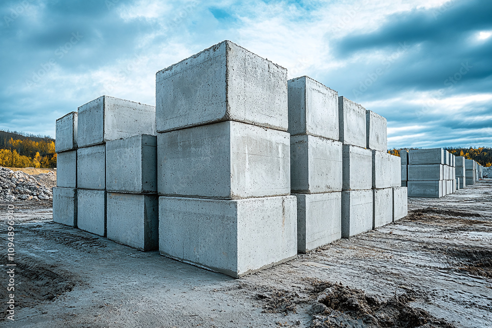 Massive concrete blocks stacked precisely on construction site. Massive concrete blocks stacked precisely on construction site.