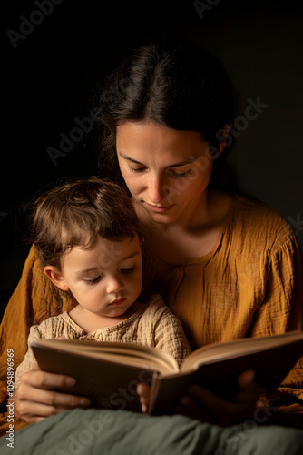 Mother reading a bedtime story to her child in a cozy, dimly lit room to promote mental health awareness and bonding moments