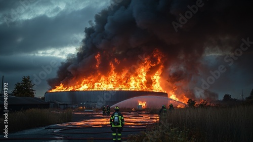 Industrial chemical tank engulfed in flames with thick black smoke, firefighters in protective gear battling the blaze at dusk, highlighting the urgency and danger of the situation.