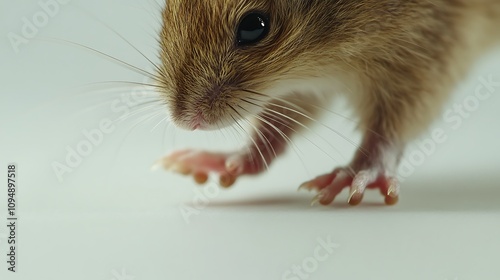 A close-up shot of a ratâ€™s paws as it walks, the details of its small claws visible against a white background photo