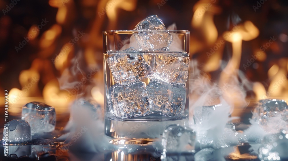 A glass of ice cubes surrounded by smoke and flames, creating a dramatic visual effect. A glass of ice cubes surrounded by smoke and flames, creating a dramatic visual effect.