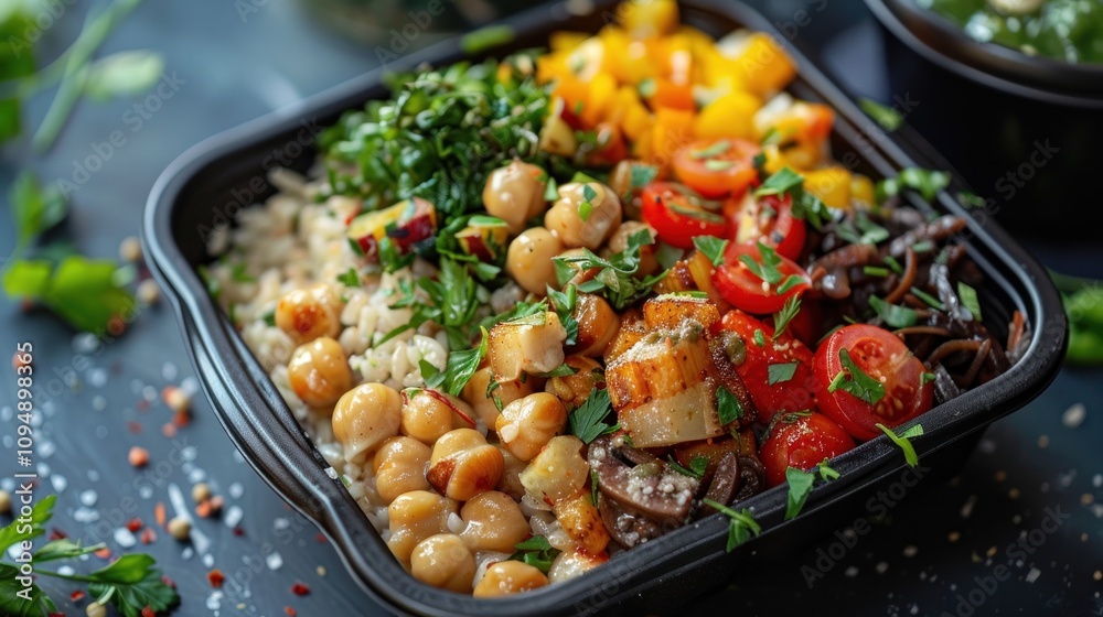 A vibrant and healthy grain bowl featuring chickpeas, vegetables, and herbs. A vibrant and healthy grain bowl featuring chickpeas, vegetables, and herbs.