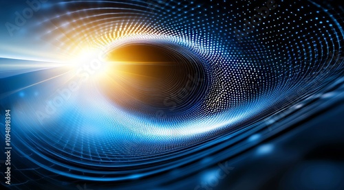 Abstract background with golden spiral, glowing dots, and light swirls in dark blue space