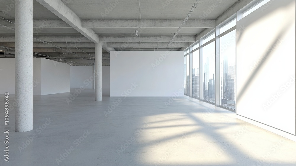 Modern Open Plan Empty Office With White Blank Wall. Modern Open Plan Empty Office With White Blank Wall.
