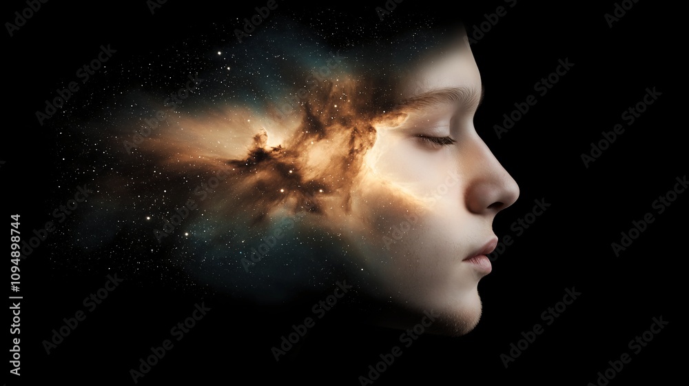 Serene Double Exposure of a Human Face Merging with Cosmic Elements, Capturing the Beauty of Nature and Imagination in an Artistic Composition Serene Double Exposure of a Human Face Merging with Cosmic Elements, Capturing the Beauty of Nature and Imagination in an Artistic Composition