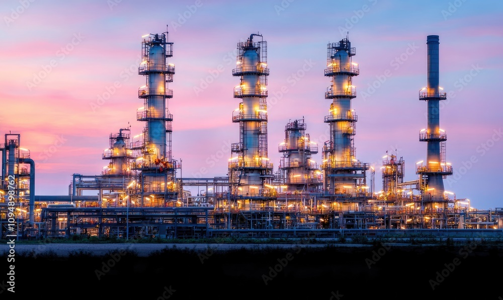 A stunning sunset view of an industrial complex with illuminated towers and smokestacks against a colorful sky. A stunning sunset view of an industrial complex with illuminated towers and smokestacks against a colorful sky.