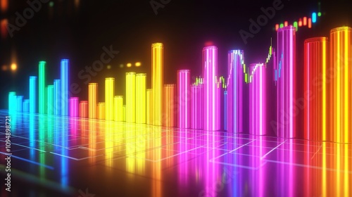 Abstract 3D business chart with glowing segments, [color chart], [symbolizing advanced analytics and financial growth] 