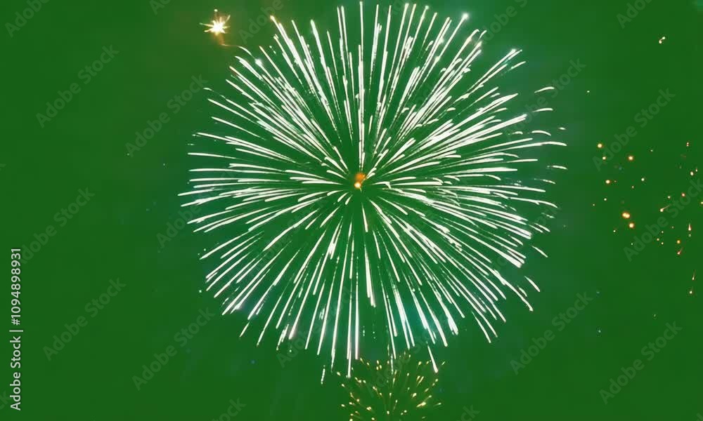 A green screen shot featuring a vibrant and colorful fireworks display lighting up the sky with bursts of light and colors