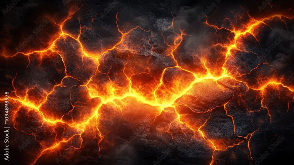 A dramatic depiction of molten lava flowing through cracked earth. A dramatic depiction of molten lava flowing through cracked earth.