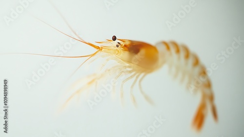 A shrimp poised in motion, its body slightly curved with its antennae extended, on a white background