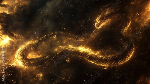 Alchemical Serpent Transmuting Metals: Stellar Gold Amid Philosophical Mercury Clouds, High-Resolution Background for Spiritual Practices and Consciousness Transformation.