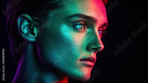 In this striking portrait one half of the face lies in shadow deepening the hollows of the cheek and brow while the other is illuminated by a vivid spectrum of neon colors that photo