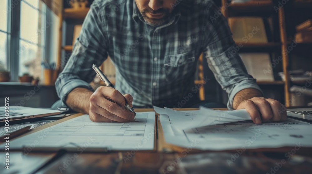A man drafting plans on paper, focused on his work at a wooden desk. A man drafting plans on paper, focused on his work at a wooden desk.