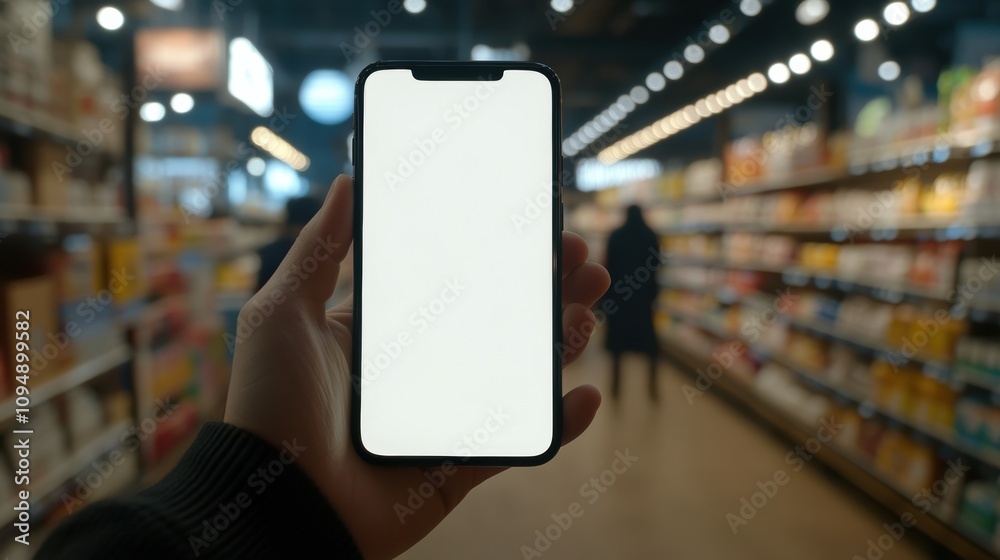 Hand holding a smart phone with blank screen for text in store in holiday shopping season Hand holding a smart phone with blank screen for text in store in holiday shopping season