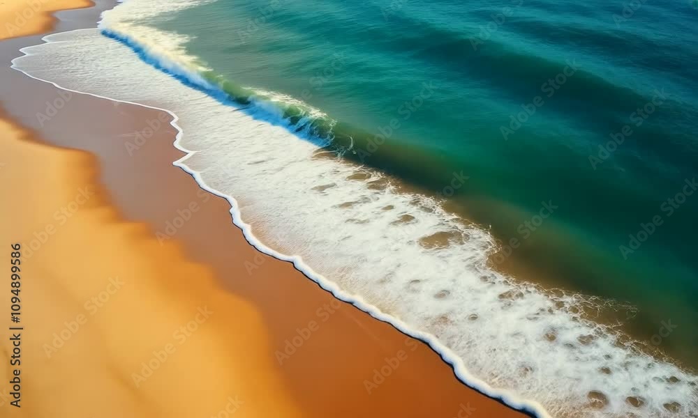 A mesmerizing aerial view of a wave breaking on the shoreline, revealing a picturesque scene of the ocean meeting the sandy beach.