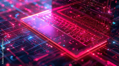 A digital laptop surrounded by vibrant, glowing circuitry and data patterns.