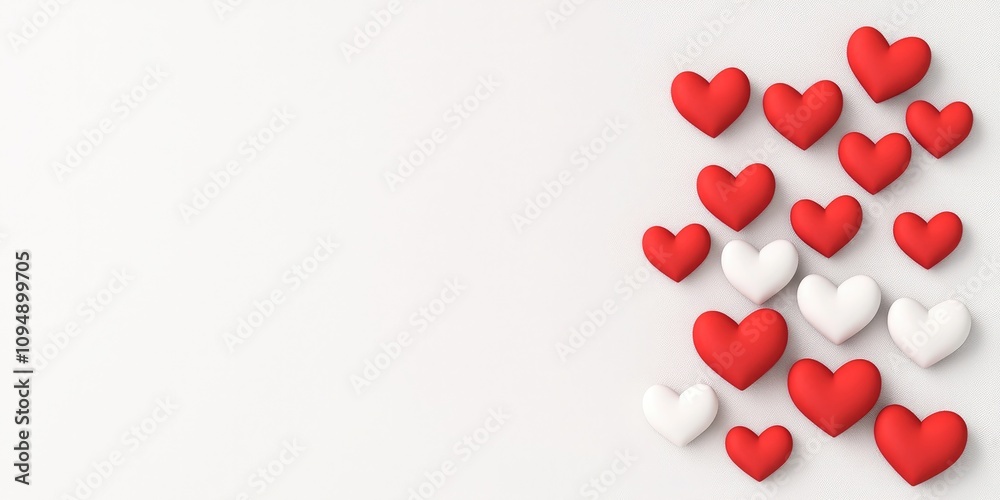 A vibrant arrangement of red and white hearts on a minimalist background, perfect for expressing love and affection. A vibrant arrangement of red and white hearts on a minimalist background, perfect for expressing love and affection.